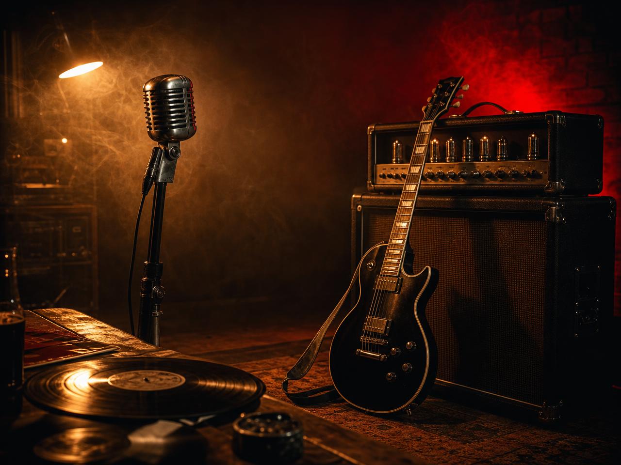 Micrófono vintage y amplificador en un estudio oscuro